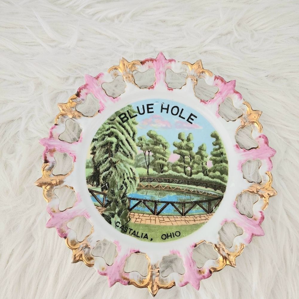 Vintage Blue Hole Castalia Ohio plate Gold Trim 8" Pierced lace souvenir